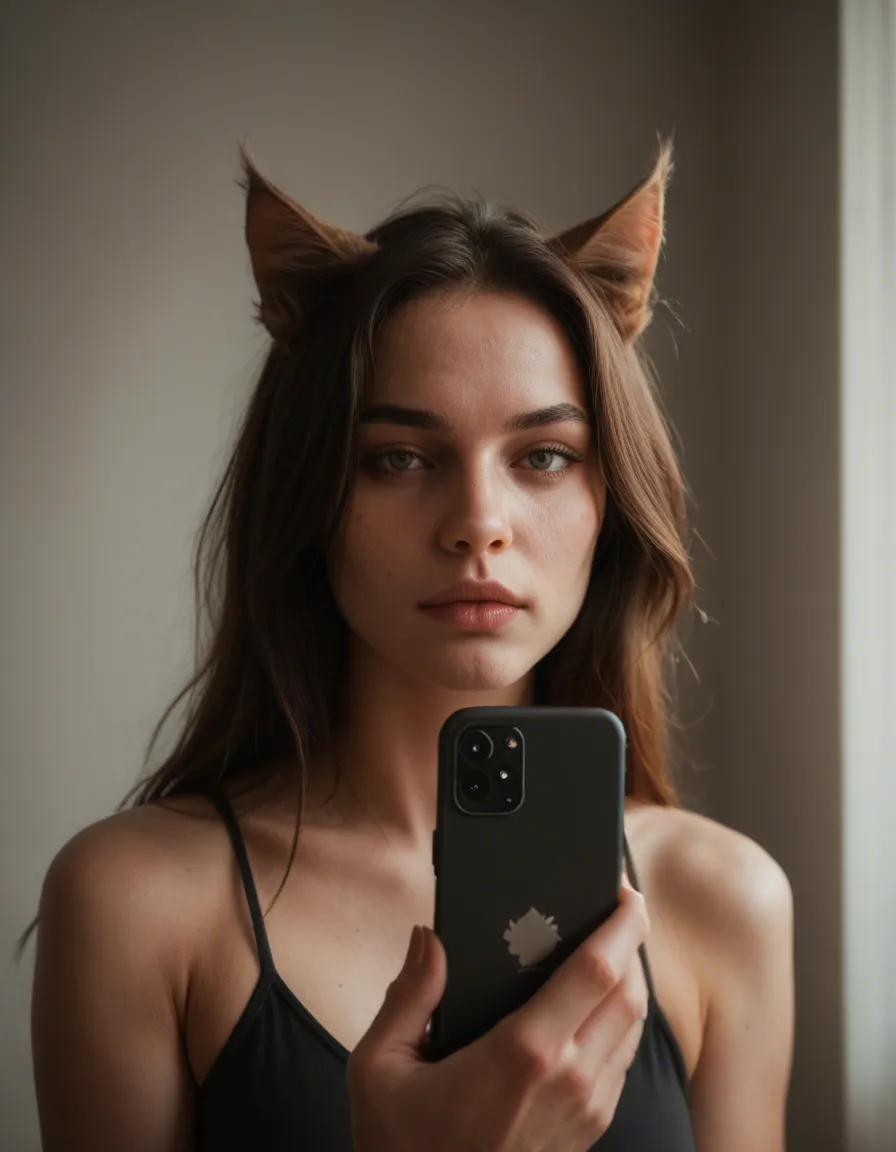 Black tights catgirl, score_9, score_8, amateur photo, phone snapshot, realistic skin texture, skin blemishes, soft indoor lighting