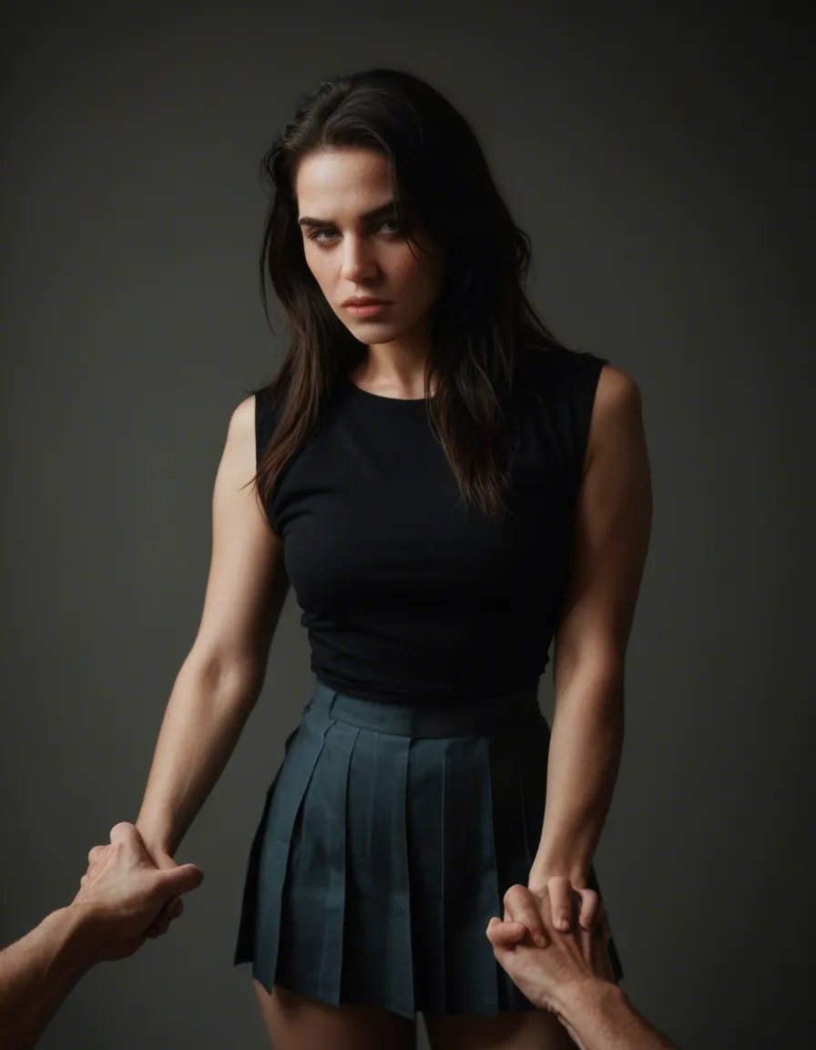 RAW photo, ultra realistic, princess, holding hands, pleated skirt, bondage, studio photo, score_9, score_8, candid photo, realistic skin texture, visible skin pores, film grain, depth of field