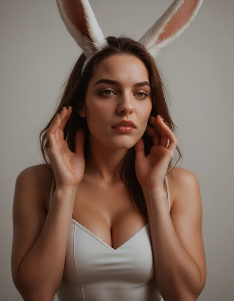 RAW photo, ultra realistic, bunny girl, futanari, hands up, tender moment, cinematic realism, score_9, score_8, candid photo, realistic skin texture, visible skin pores, film grain, depth of field
