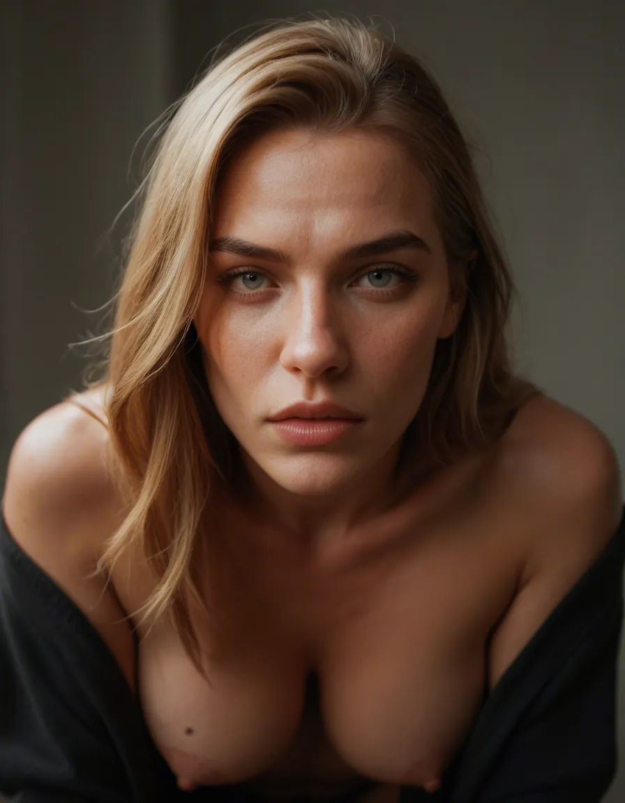 A blond woman with large boobs and a thick ass. She has her clothes off and her huge penis hanging out., score_9, score_8, candid photo, realistic skin texture, visible skin pores, film grain, depth of field