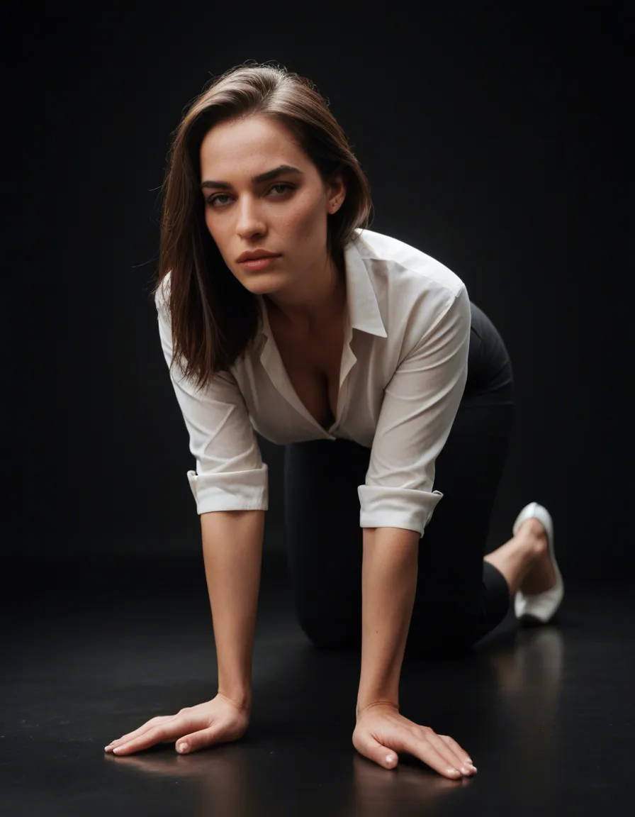 studio quality, sharp focus, office lady, on all fours, white footwear, black background, natural skin texture, score_9, score_8, candid photo, realistic skin texture, visible skin pores, film grain, depth of field