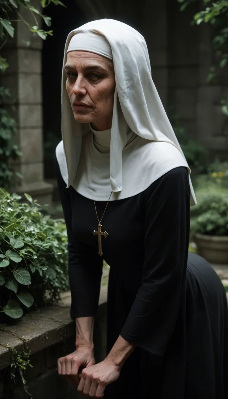 cinematic photo, 8k, old fat nun, sexy face, wearing habit tending to garden, bending over, dress is stuck and when she bends over it reveals her ass and pussy, her pussy is dripping wet, then she is embarrased.
