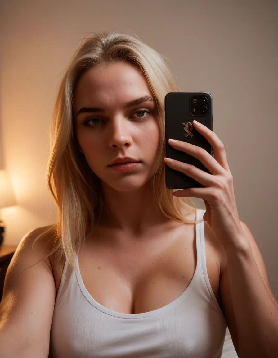 cinematic photo, 8k, a cute adorable 20 year plump blonde with small tits takes a teasing selfie, shy and playful, RAW photo, score_9, score_8, amateur photo, phone snapshot, realistic skin texture, skin blemishes, soft indoor lighting