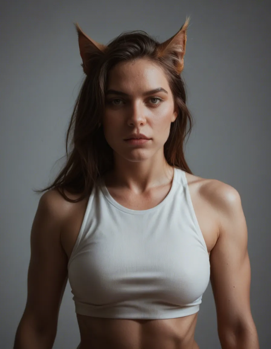 RAW photo, ultra realistic, catgirl, sleeveless, futanari, warm tones, photorealistic, score_9, score_8, candid photo, realistic skin texture, visible skin pores, film grain, depth of field