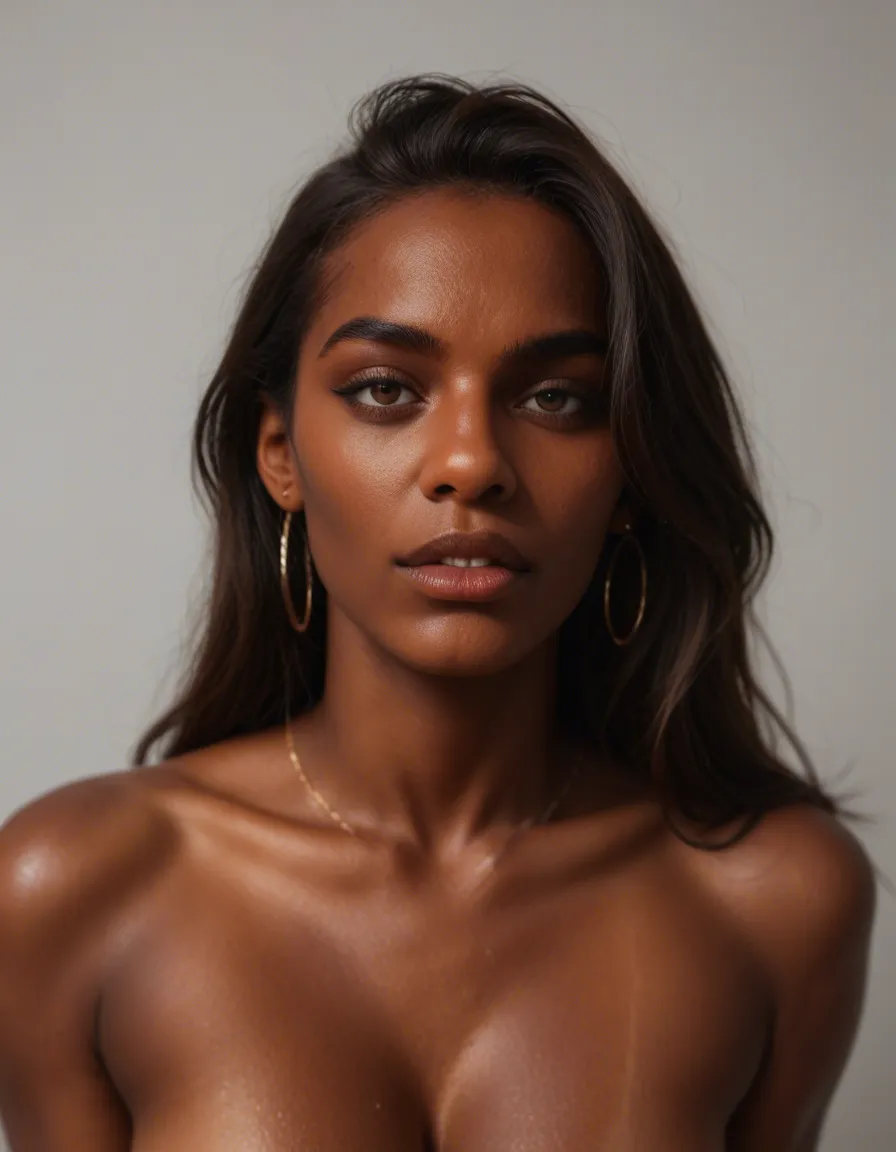 Huge titted dark skinned indian supermodel, score_9, score_8, candid photo, realistic skin texture, visible skin pores, film grain, depth of field