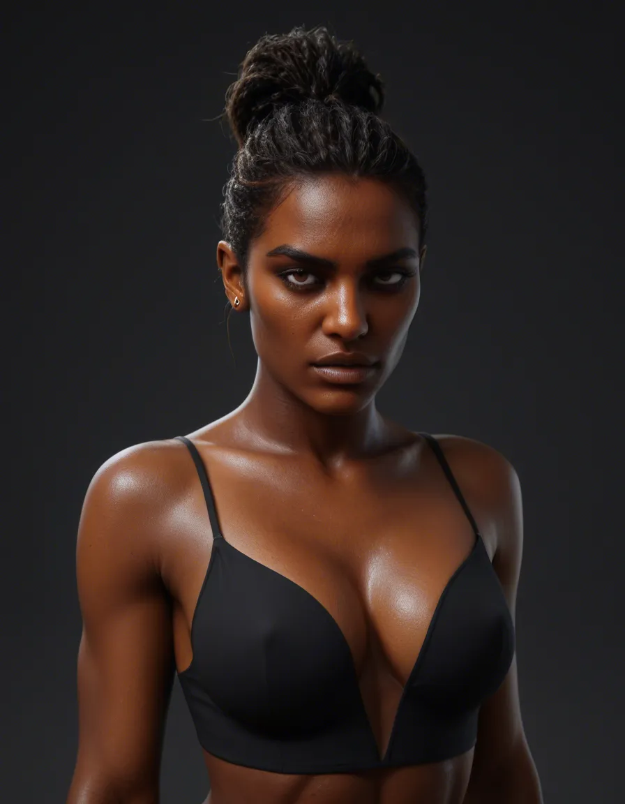 Huge titted dark skinned indian supermodel, score_9, score_8, 3d render, octane render, subsurface scattering, ray tracing, smooth shading
