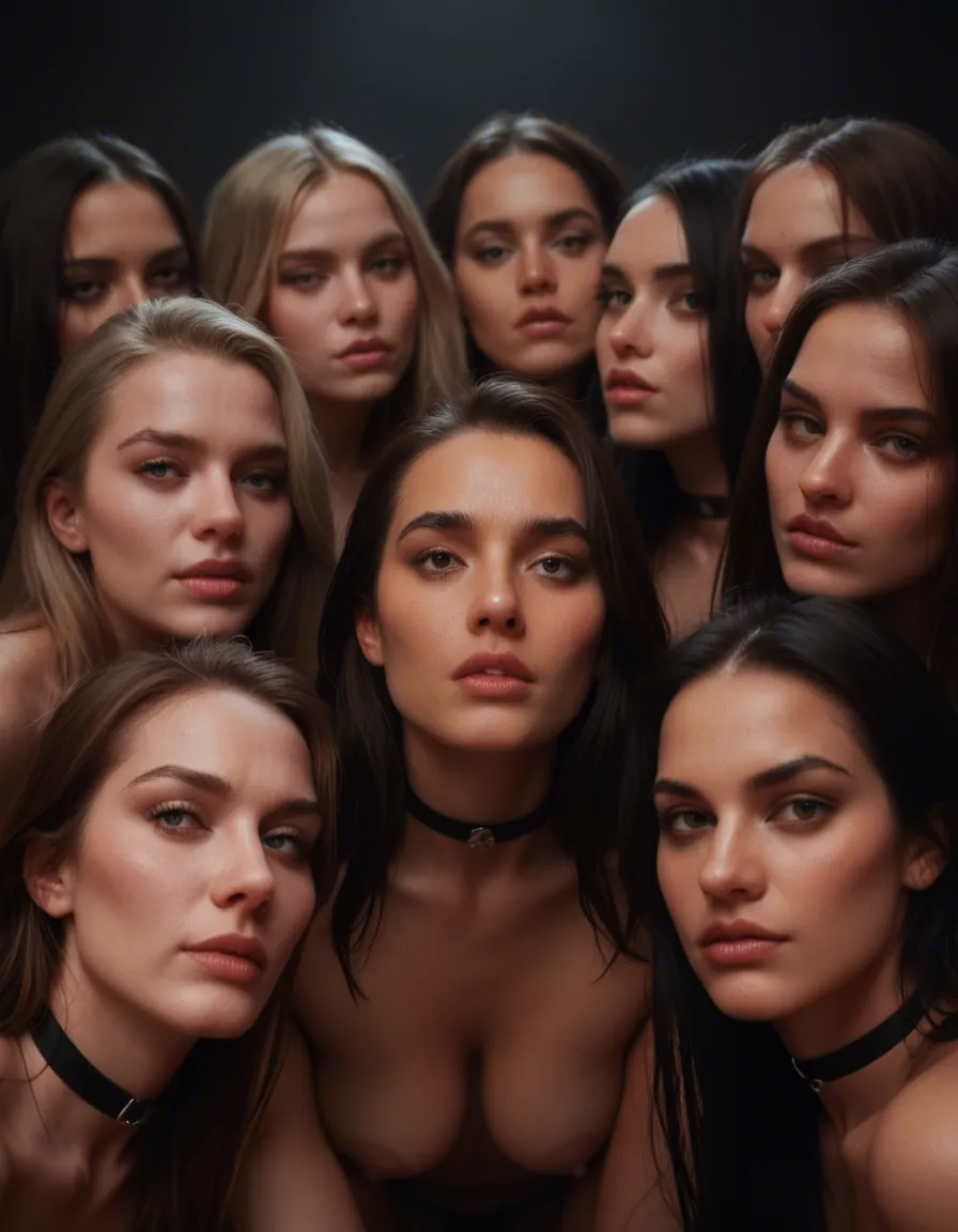 sharp focus, 8k uhd, 6+girls, long hair, choker, bent over, moonlight, photorealistic, score_9, score_8, candid photo, realistic skin texture, visible skin pores, film grain, depth of field