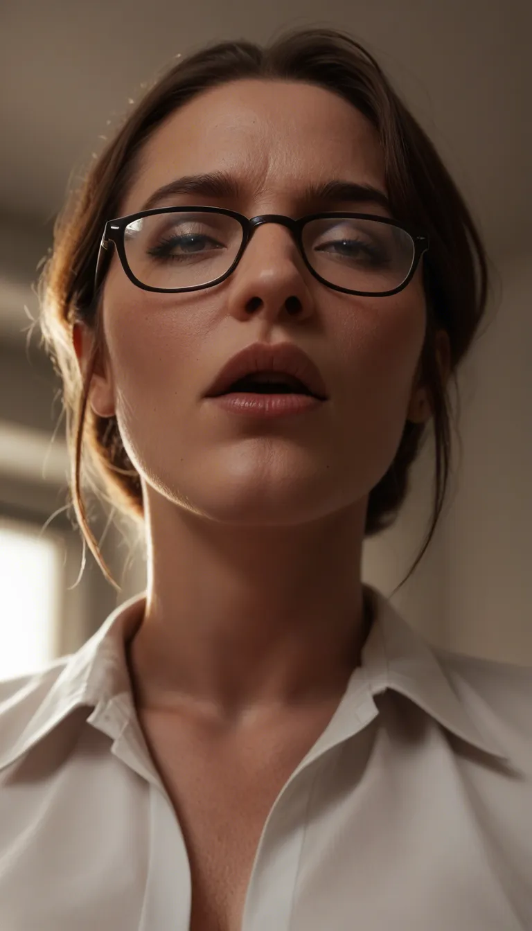 professional photo, high detail, mature female, glasses, alternate costume, moaning, simple background, from below, backlit, dslr quality