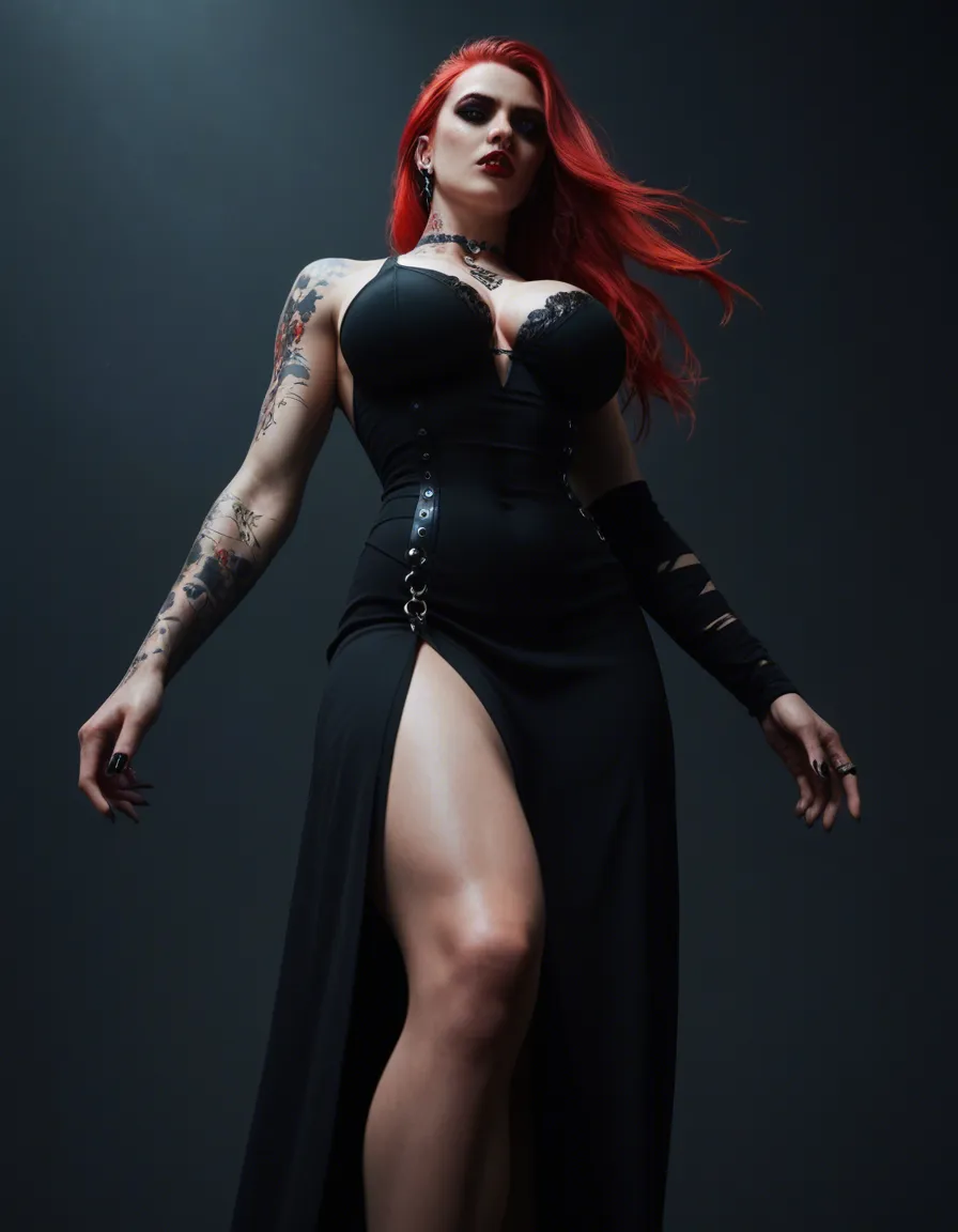 Russian gothic, tattoos and pierced 32 year old with long red hair, and big breasts, standing straight and photographed almost straight from below, making a powerful and authorative impression. It seems she is crushing me with her foot, because she hates me. Only the sole and toes of her foot are visible. The sole and bottom of her foot take a large part of the picture. She seems large and impressive. She wears a crown to show her dominance., score_9, score_8, candid photo, realistic skin texture, visible skin pores, film grain, depth of field