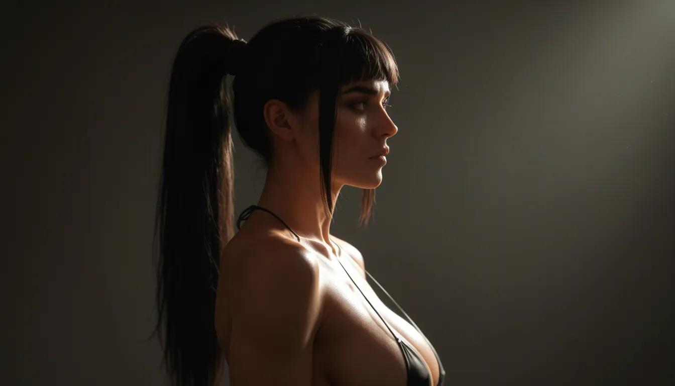 view from side busty athletic woman huge breasts arching back lean over small weak man pressing breasts on face, shiny black micro bikini long black hair fringe hairstyle high ponytail almond red eyes evil laugh black stripes with daggers on thighs, big blue shoulder tattoos blue arm and forearm tattoos, dark castle in dark night with shiny full moon