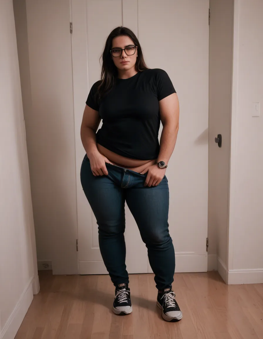 Femboy, plump, chubby, thick, curvy, black_hair, nerd, glasses, painted_nails, piercings, large_bulge, pants_pull, long_shirt, vans_shoes, selfie,, score_9, score_8, candid photo, realistic skin texture, visible skin pores, film grain, depth of field