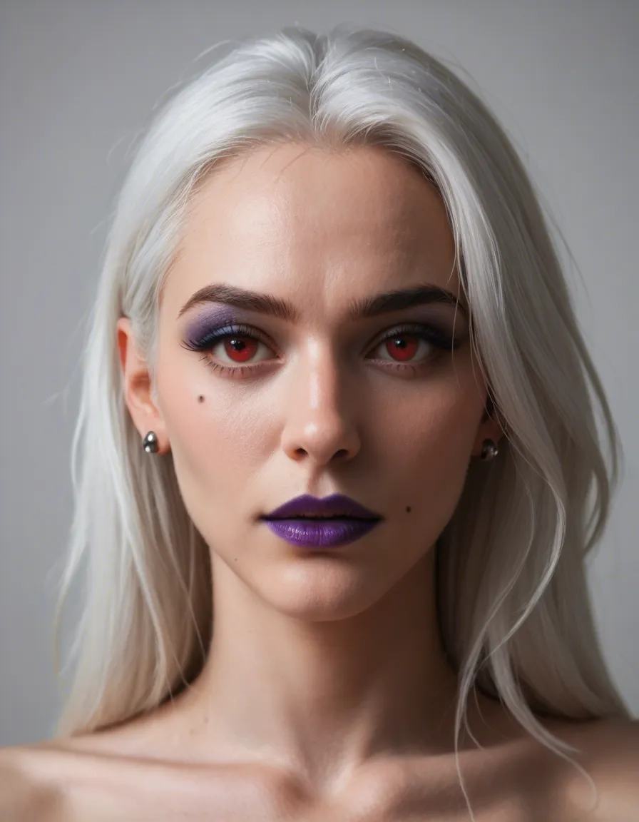 (photorealistic:1.3), (realistic:1.2), raw photo, masterpiece, best quality, ultra detailed, 8k, (short platinum white hair:1.2), red eyes, heavy blue eyeshadow, black eyeliner, purple lipstick, beauty mark under eye, black stud earrings, head tilted back, mouth stretched around thick dark brown penis, deepthroat, saliva strings dripping from lips and chin, tears running down cheeks, strong dark male hand gripping back of head, fingers in hair, (large heavy natural breasts:1.2), soft pink nipples, glossy oiled sweaty skin, realistic skin texture with pores, black sleeveless high-collar top with gold trim and gold buckle pulled down below chest, dramatic cinematic lighting, cool blue window light, warm skin highlights, shallow depth of field, dark room background, wet glossy fluids, natural breast weight, score_9, score_8, candid photo, realistic skin texture, visible skin pores, film grain, depth of field