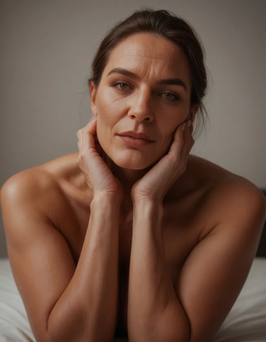 studio quality, sharp focus, milf, presenting, feet out of frame, relaxed mood, film photography, score_9, score_8, candid photo, realistic skin texture, visible skin pores, film grain, depth of field