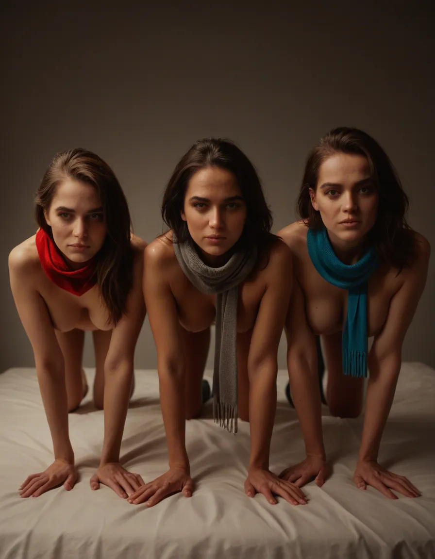 cinematic photo, 8k, 3women, scarf, socks, on all fours, soft lighting, hyperrealistic, score_9, score_8, candid photo, realistic skin texture, visible skin pores, film grain, depth of field