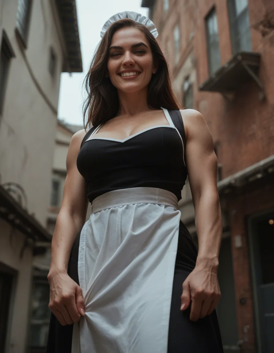 professional photo, high detail, low angle, maid, futanari, bare arms, outdoors, teasing grin, studio photo, score_9, score_8, candid photo, realistic skin texture, visible skin pores, film grain, depth of field