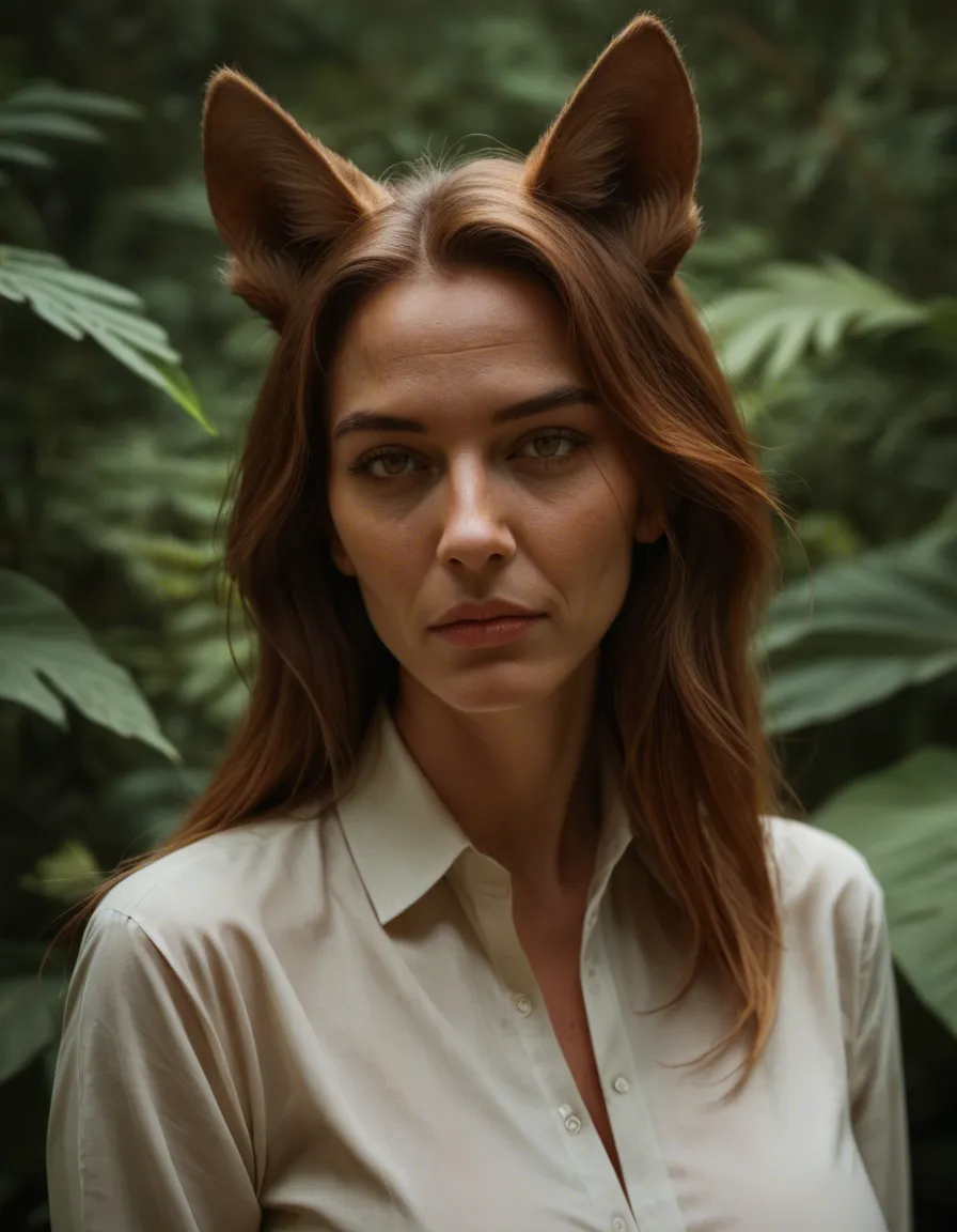 best quality, hyperrealistic, milf, animal ears, collared shirt, fully nude, leaf, wide shot, ambient glow, lifelike render, score_9, score_8, candid photo, realistic skin texture, visible skin pores, film grain, depth of field