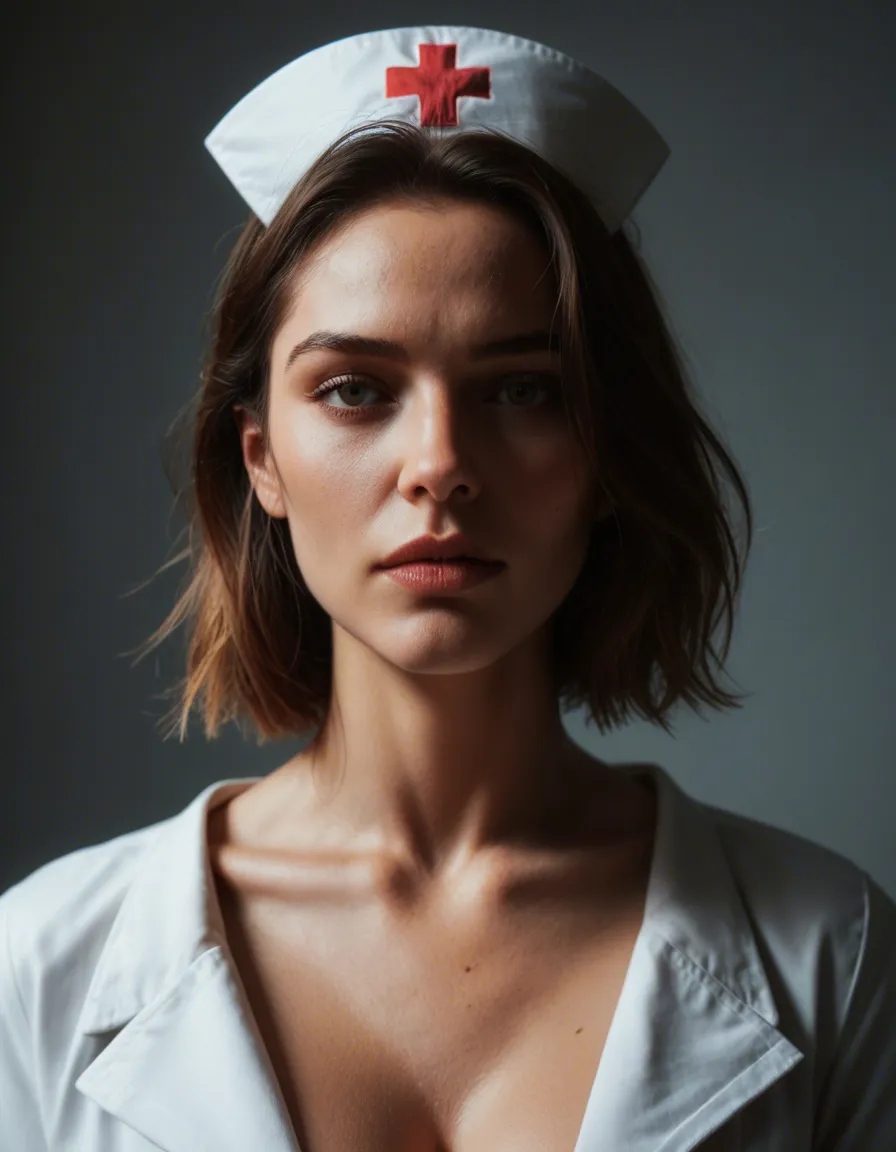 dslr, film grain, photorealistic, nurse, collarbone, heart, futanari, blue sky, portrait, soft lighting, film photography, score_9, score_8, candid photo, realistic skin texture, visible skin pores, film grain, depth of field