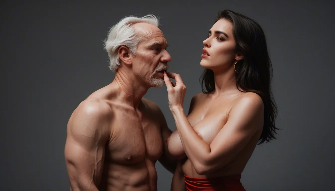 busty athletic woman huge breasts topless red evening dress standing in hall grab neck of small weak old man holding him up in the air biting him in neck, long black hair fringe hairstyle high ponytail almond red eyes evil vampire teeth smile big blue shoulder tattoos blue arm and forearm tattoos black stripes with daggers on thigh, fog dark castle