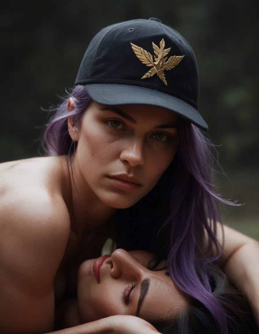 masterpiece, best quality, solo, purple hair, hat, 69 position, wild energy, portrait, anime style squishier boobs, score_9, score_8, candid photo, realistic skin texture, visible skin pores, film grain, depth of field