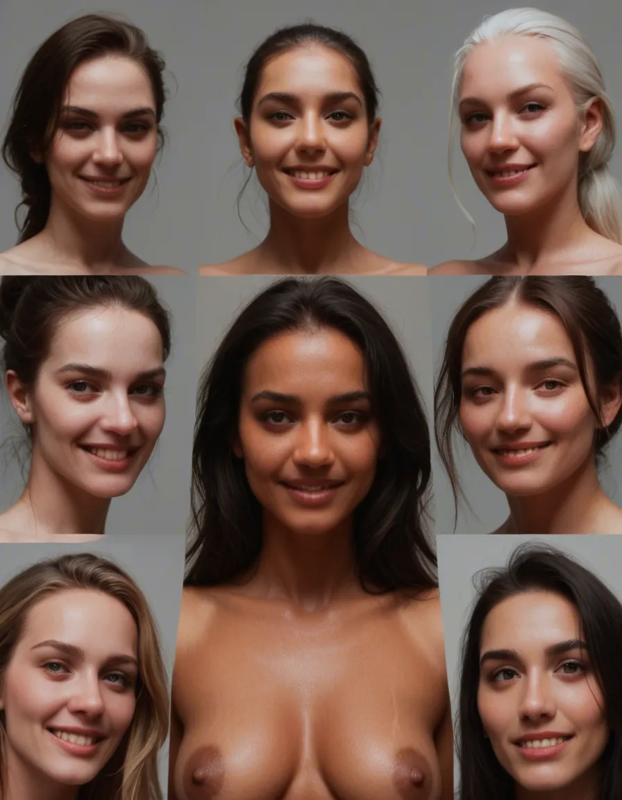 ultra HD, lifelike, POV, 6+women, fully nude, colored skin, grey background, shy smile, lifelike render, score_9, score_8, candid photo, realistic skin texture, visible skin pores, film grain, depth of field