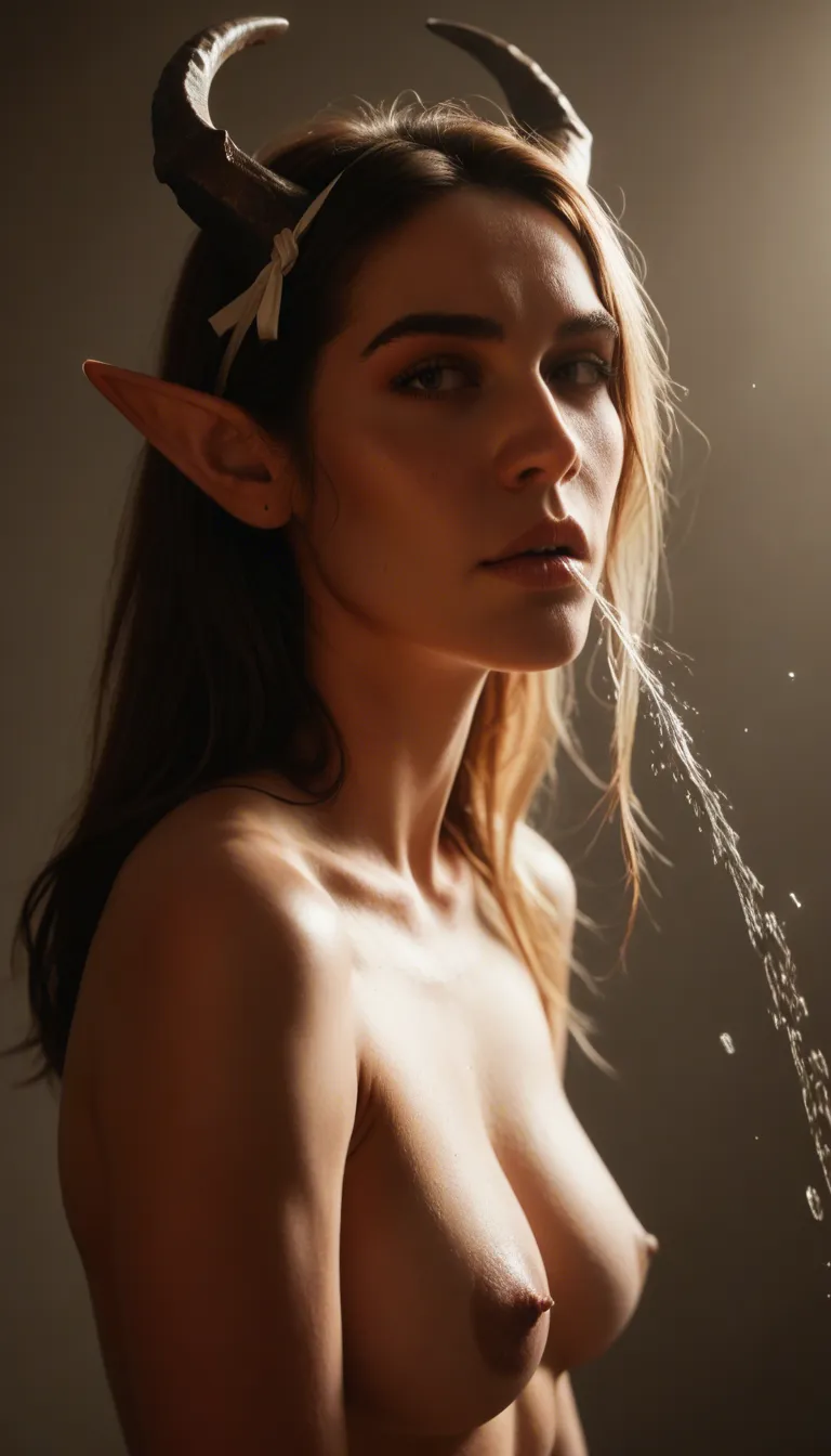 dslr, film grain, photorealistic, elf girl, hair ribbon, horns, squirting, dramatic lighting, cinematic realism
