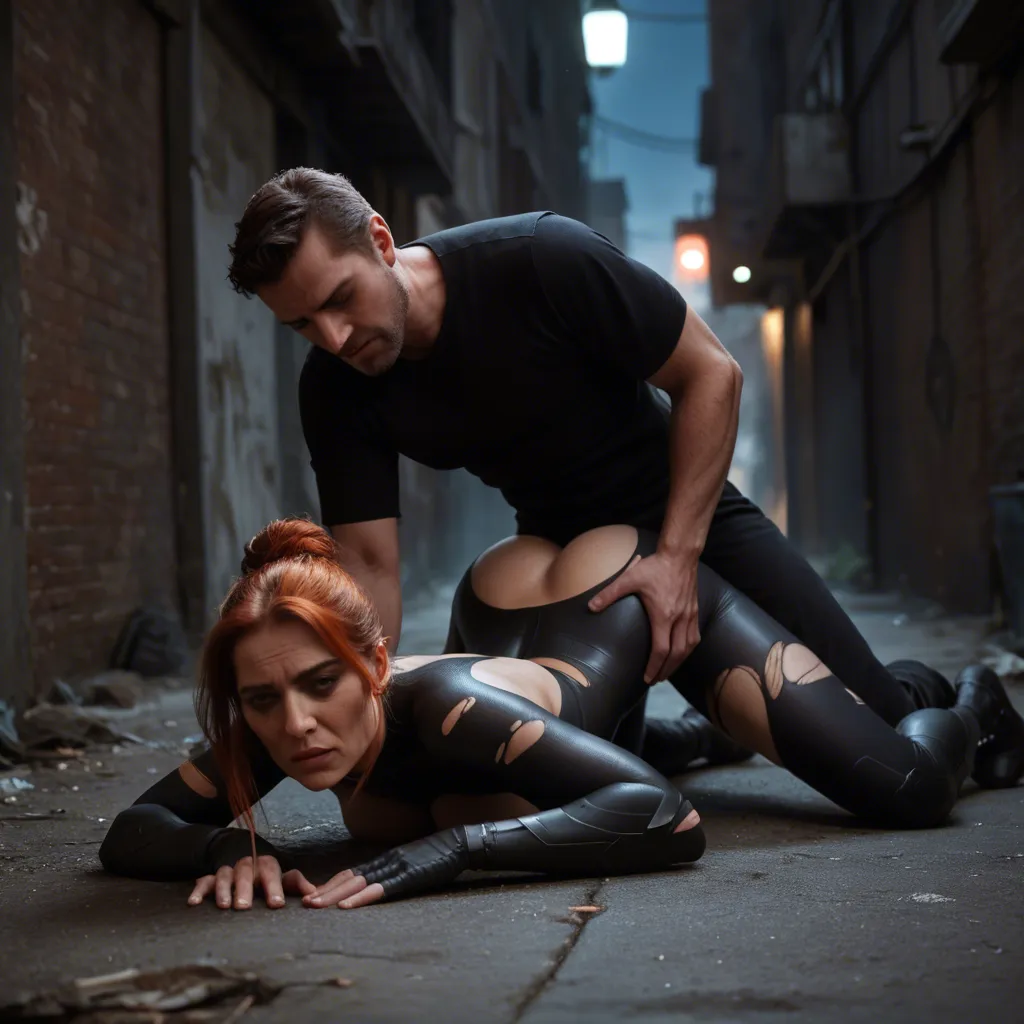 duo, doggystyle sex, ultrarealistic, night, back alley, on ground, torn black superhero bodysuit, redhead mature female, hair in bun, small breasts, tight ass, some pubic hair, ((fucked hard by police officer doggystyle)), grimacing, orgasm,