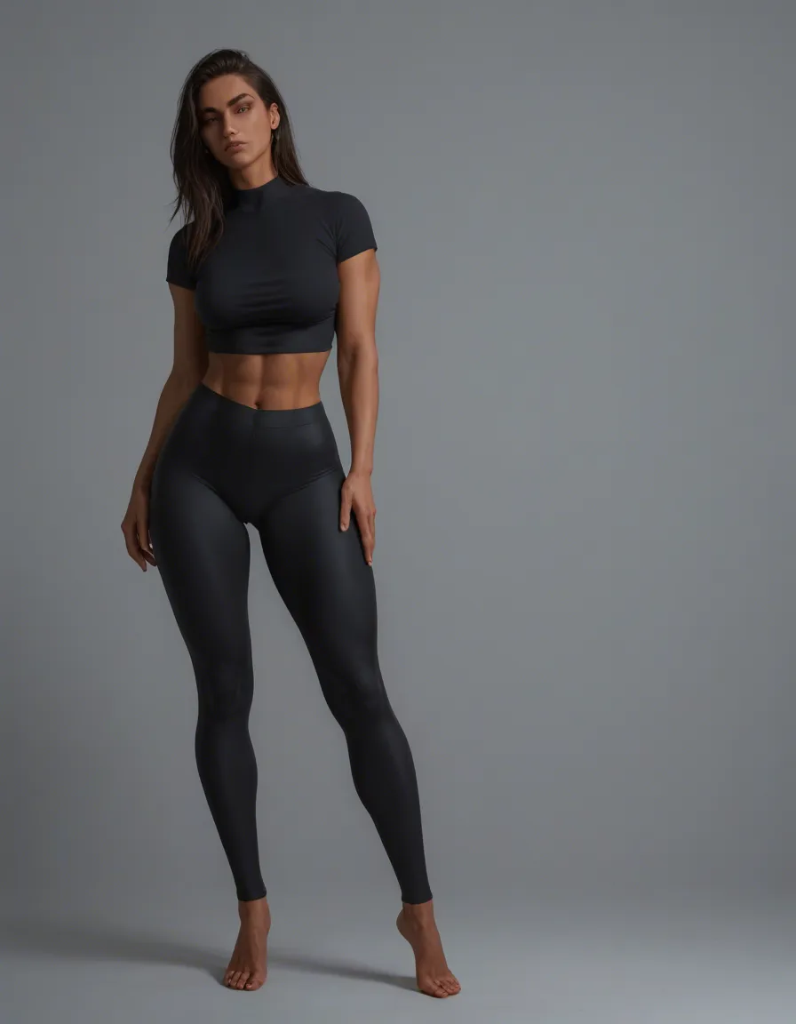 Sie trägt eine extrem eng anliegende, hoch taillierte Leggings aus einem dunklen, seidig glänzenden Material, das jede Kurve ihres Körpers wie eine zweite Haut umschließt. Der Stoff betont die Rundung ihres Gesäßes so perfekt, dass es fast surreal wirkt, und zeichnet die kraftvolle Linie ihrer Oberschenkel mit einer Schärfe nach, die keinen Raum für Interpretation lässt. Darüber trägt sie lediglich ein kurzes, lockeres weißes Hemd aus einem dünnen Stoff, das gerade so weit reicht, um ihre Brust zu bedecken, aber bei jeder Bewegung gefährlich weit nach oben rutscht und den Blick auf die perfekte Wölbung ihrer Hüften freigibt., score_9, score_8, candid photo, realistic skin texture, visible skin pores, film grain, depth of field