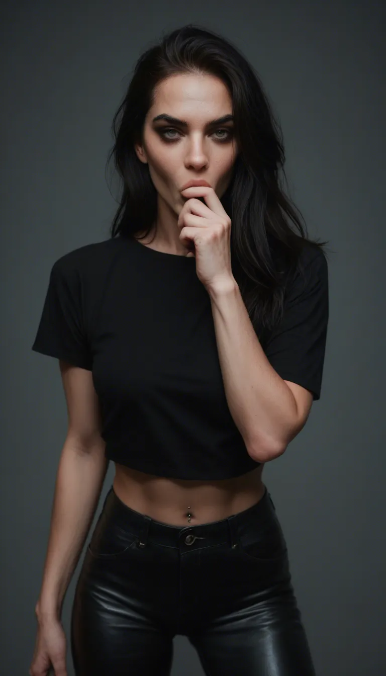 , hyperrealistic , tall , goth in leather pants giving fellatio