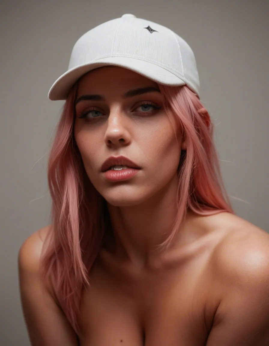 studio quality, sharp focus, demon woman, pink hair, hat, creampie, photorealistic, mid orgasm, score_9, score_8, candid photo, realistic skin texture, visible skin pores, film grain, depth of field