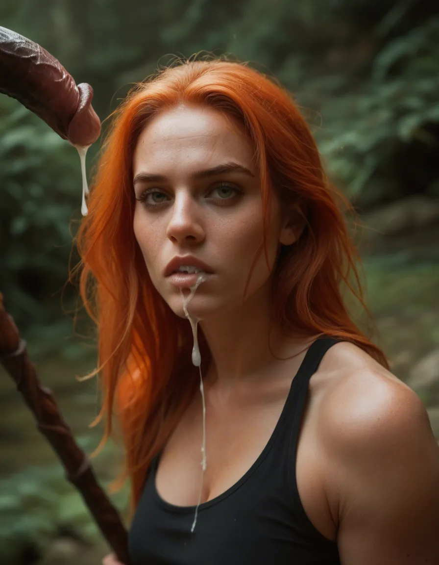 ginger in leggings holding a large dildo on a staff, staring with lustful intent. cum drips from mouth, score_9, score_8, candid photo, realistic skin texture, visible skin pores, film grain, depth of field