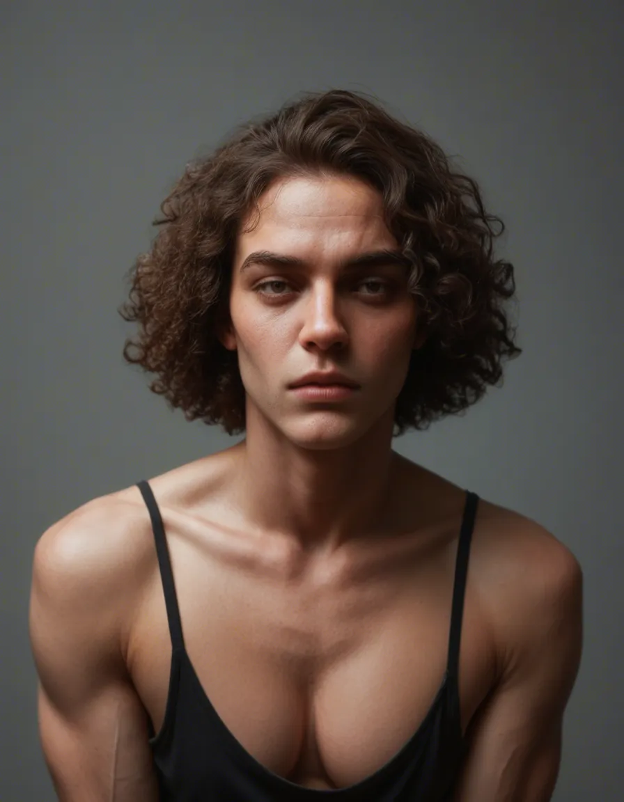 Skinny slim pale skin twink boy with dark curly hair being fkd by a more masculine taller guy, score_9, score_8, candid photo, realistic skin texture, visible skin pores, film grain, depth of field