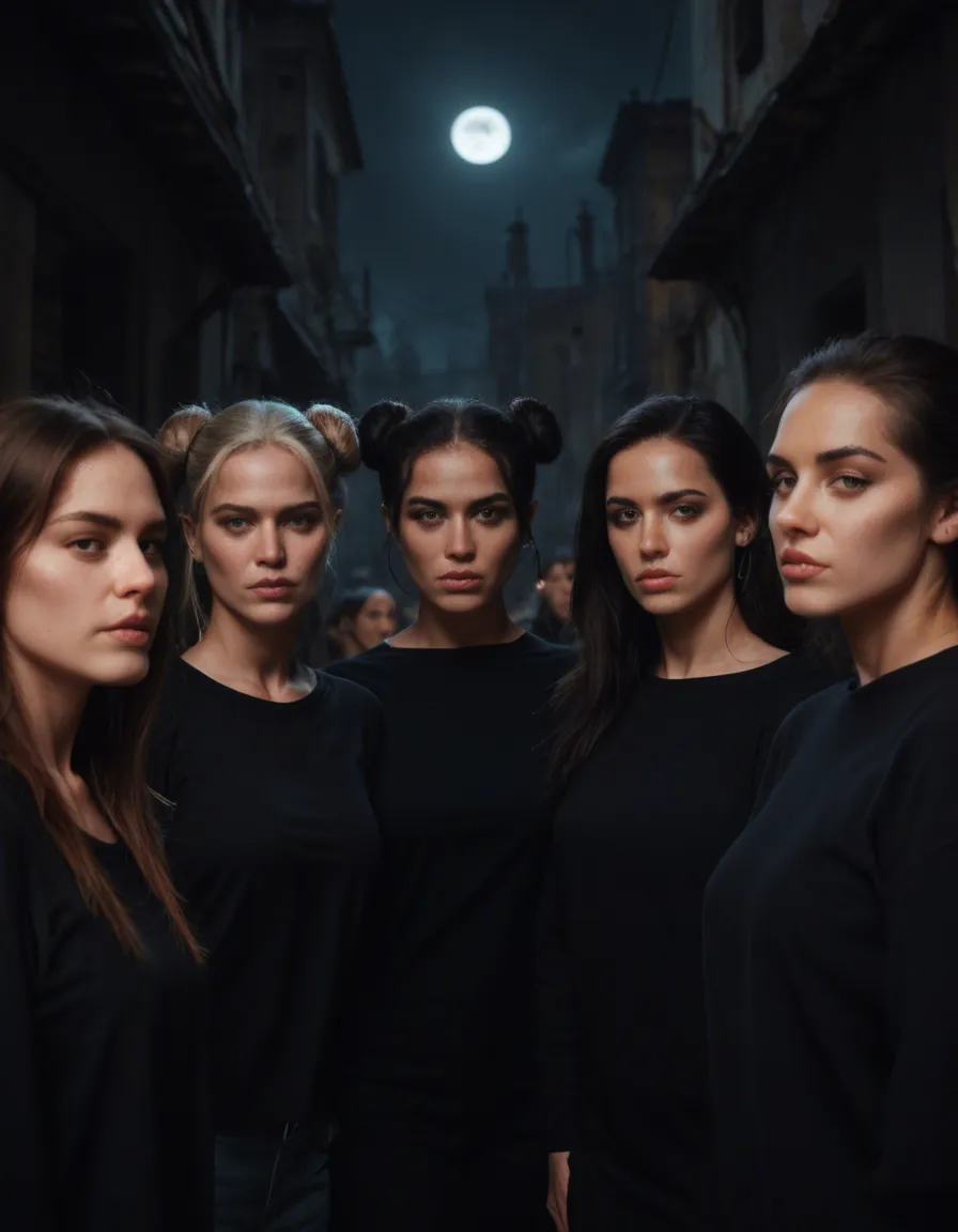 best quality, hyperrealistic, 6+girls, double bun, long sleeves, futanari, moonlight, RAW photo, score_9, score_8, candid photo, realistic skin texture, visible skin pores, film grain, depth of field