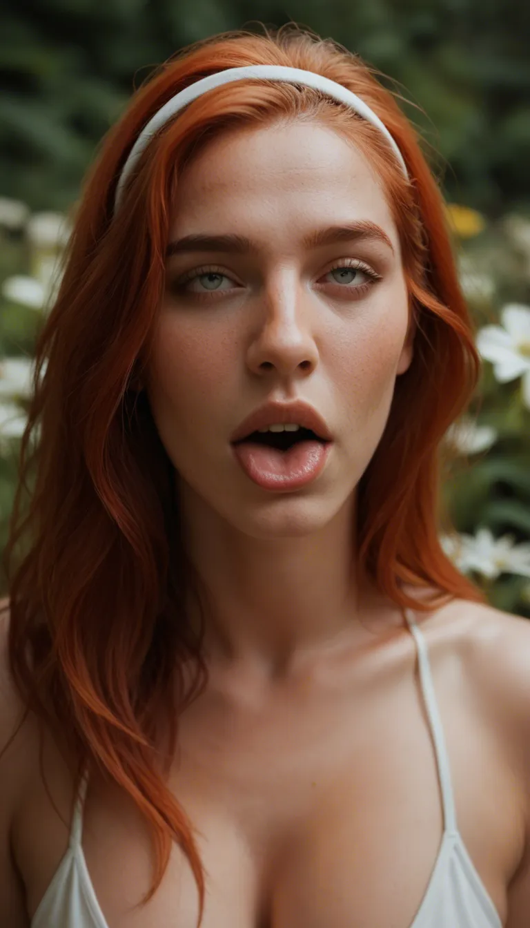 dslr, film grain, photorealistic, redhead woman, hairband, flower, ahegao, cinematic realism