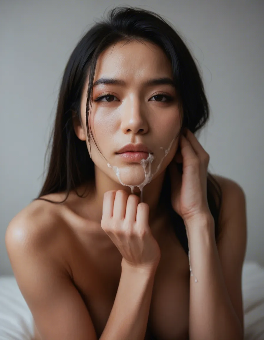 Goth, asian, soles, anime, face in the background, nude, cum_on_body, score_9, score_8, candid photo, realistic skin texture, visible skin pores, film grain, depth of field