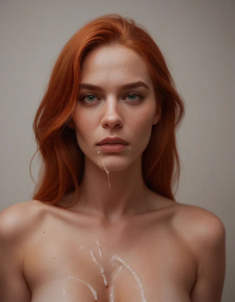studio quality, sharp focus, medium shot, redhead, swallowing a huge load of cum, score_9, score_8, candid photo, realistic skin texture, visible skin pores, film grain, depth of field