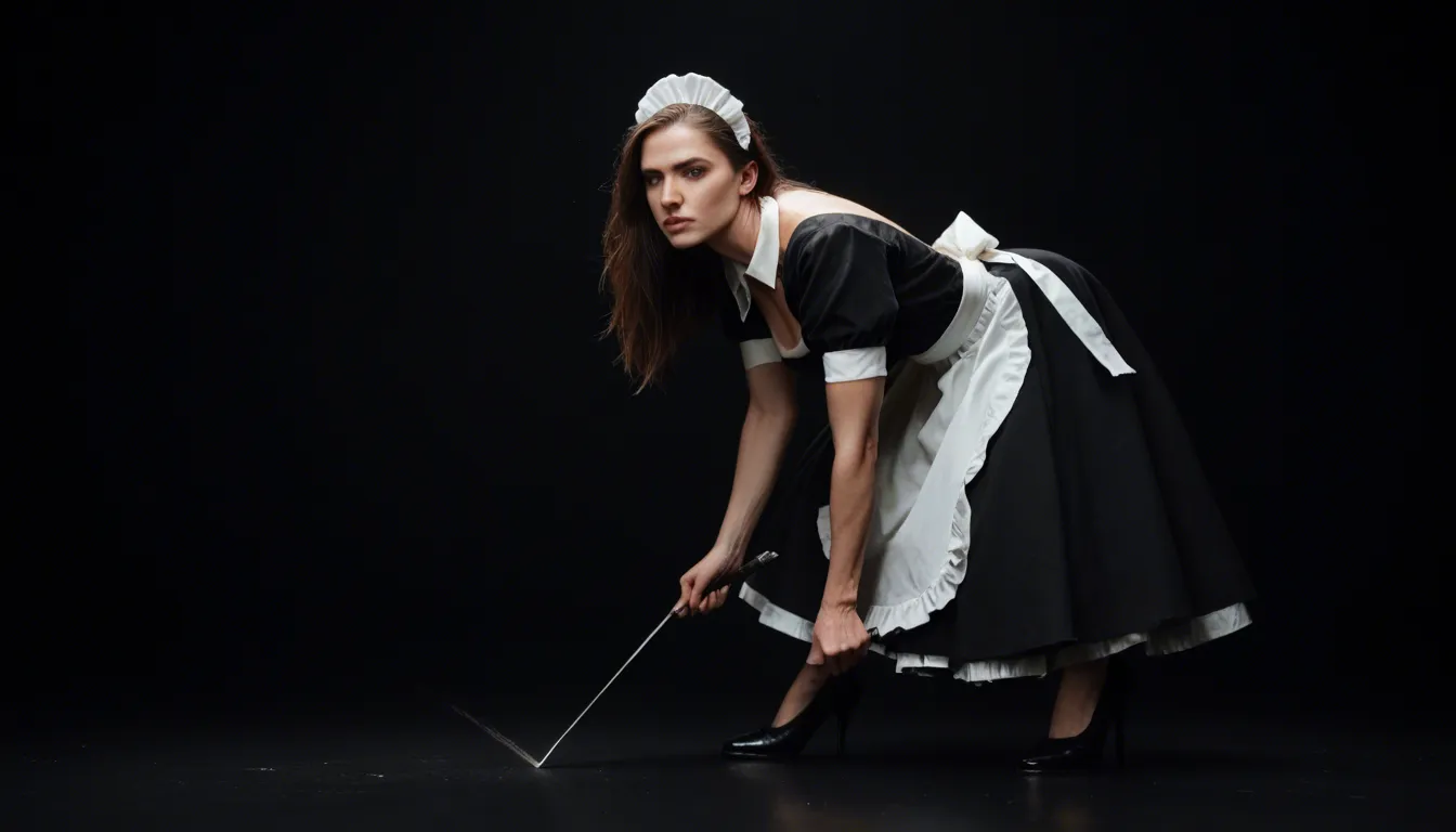 sharp focus, 8k uhd, maid, arching back, black footwear, black background, photorealistic