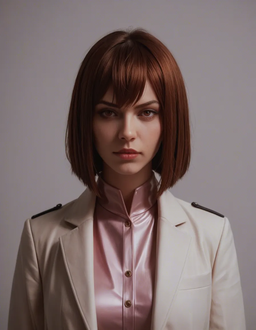 professional photo, high detail, #1girl #solo #portrait #pink_latex_dress #white_background @makise_kurisu looking_afar, coat, score_9, score_8, candid photo, realistic skin texture, visible skin pores, film grain, depth of field