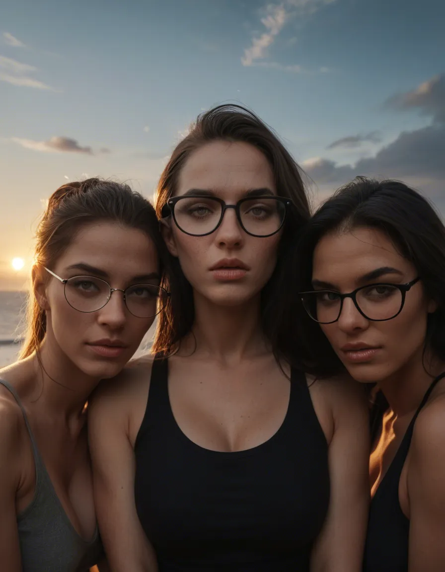 8k, sharp focus, detailed skin, 4women, glasses, tail, futanari, sky, 8k uhd photo, score_9, score_8, amateur photo, phone snapshot, realistic skin texture, skin blemishes, soft indoor lighting