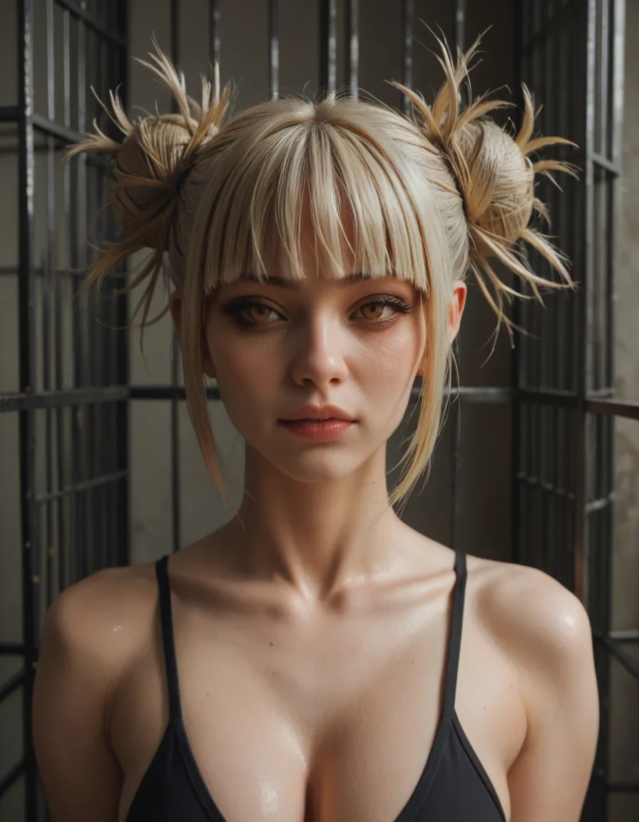 Himiko Toga, otoko_no_ko , wearing cage, hentai_studio_quality, score_9, score_8, candid photo, realistic skin texture, visible skin pores, film grain, depth of field