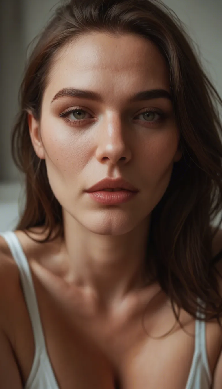 close-up of a mature woman about 45 years old seen from the bottom up as if she were sitting above the observer, the woman's body slender but shapely, abundant breasts, long brown and loose hair, very large brown eyes, she wears an unbuttoned blouse, she holds in her hands the erect penis of the observer who ejaculates repeatedly squirting the woman's hair