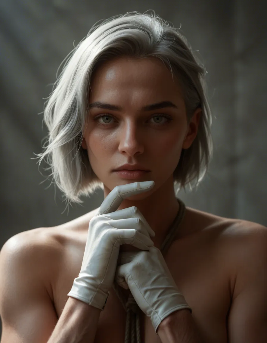 highly detailed, natural lighting, 1boy, grey hair, white gloves, bondage, lifelike render, score_9, score_8, candid photo, realistic skin texture, visible skin pores, film grain, depth of field