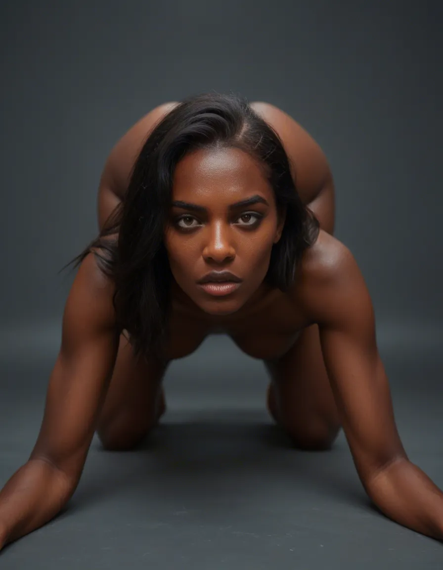 sharp focus, 8k uhd, multiple women, on all fours, dark-skinned female, dominant stare, natural skin texture, score_9, score_8, candid photo, realistic skin texture, visible skin pores, film grain, depth of field