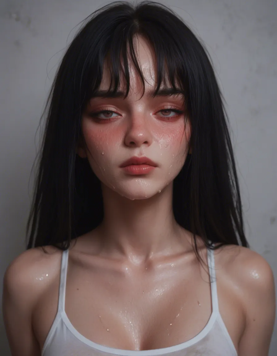 She’s a slim, pale anime-style young woman with messy, shoulder-length charcoal-black hair, heavy uneven bangs, vivid crimson-red half-lidded eyes, soft facial features, faint blush around her cheeks and nose, and a small sweat drop beside her cheek. Her expression is tired, mildly annoyed, and somewhat awkward. Her hair is voluminous and slightly unkempt, with loose pointed strands sticking out around her head and neck. she's full naked cupping her boobs and pussy, score_9, score_8, candid photo, realistic skin texture, visible skin pores, film grain, depth of field