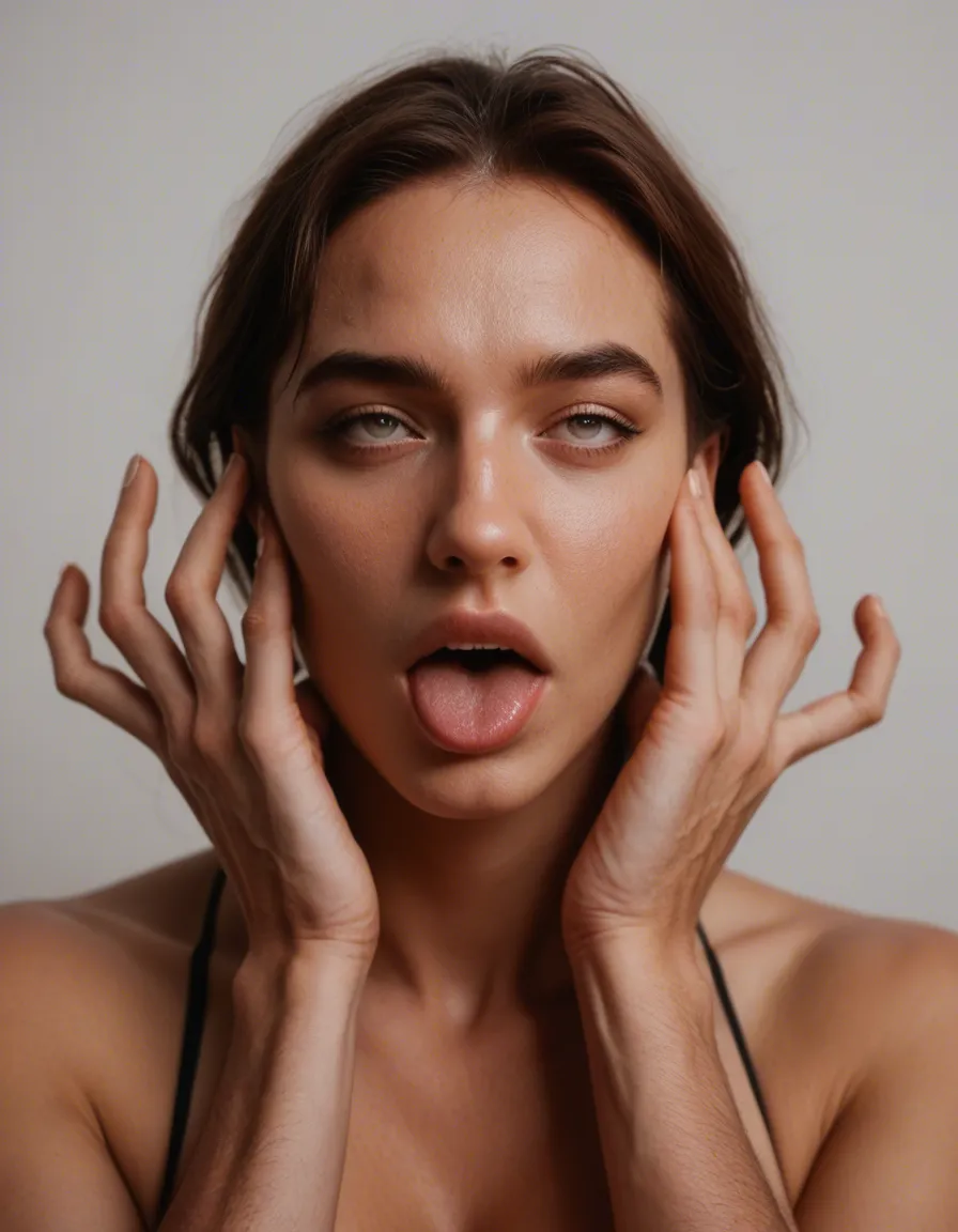 cinematic photo, 8k, cowboy shot, 1boy, ahegao, hands up, white simple_background , studio photo, score_9, score_8, candid photo, realistic skin texture, visible skin pores, film grain, depth of field
