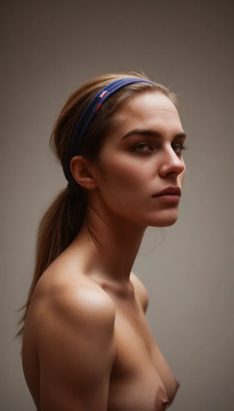 ((Photo-realistic)). A young woman with long {brunette|purple|black|blonde} hair with an half-ponytail with headband and expressive {brown|blue|green|purple} eyes She is fully topless, exposing flat barely-there chest. {Pink|black|white|purple} panties. She is sat with her legs up on a bed. She receives a massive cum facial