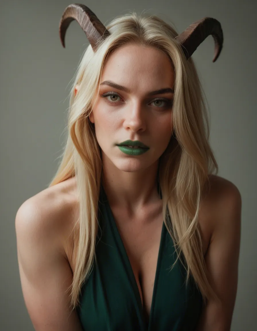 21 yo blonde succubus with long hair and Green lipstick, score_9, score_8, candid photo, realistic skin texture, visible skin pores, film grain, depth of field