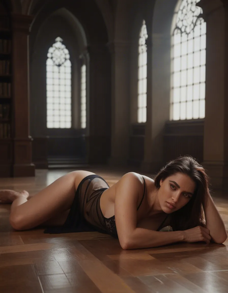 cinematic photo, 8k, woman in a sheer black neglige lying on a hardwood floor in a mansion library. The moonlight streams down on her through a large window., score_9, score_8, candid photo, realistic skin texture, visible skin pores, film grain, depth of field