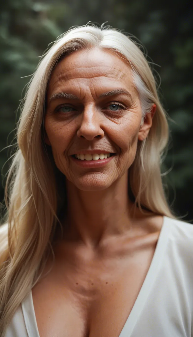 elderly full-figured blonde woman with a long face, big nose, big teeth, blue-gray eyes, and old saggy motherly-looking breasts with big oversized areolae and hard nipples is laughing crazily; from_below