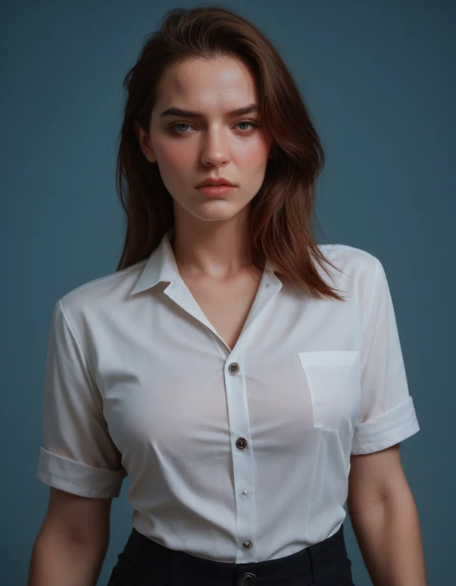 sharp focus, 8k uhd, office lady, bondage, buttons, blue background, submissive blush, photorealistic, score_9, score_8, candid photo, realistic skin texture, visible skin pores, film grain, depth of field