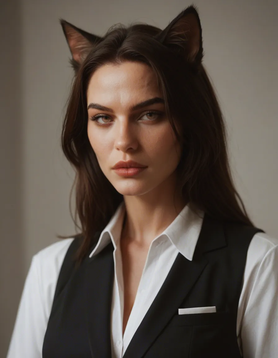futanari, professional photo, high detail, catgirl, futanari, lips, playful expression, film photography, score_9, score_8, candid photo, realistic skin texture, visible skin pores, film grain, depth of field